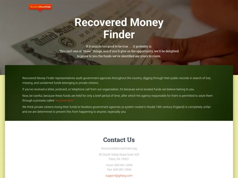 Recovered Money Finder website screenshot
